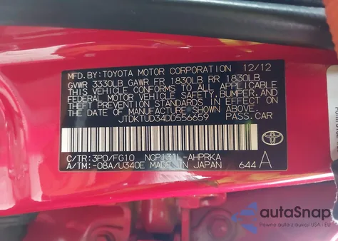 2013 Toyota Yaris Le из США, поврежденный, VIN JTDKTUD34DD556659